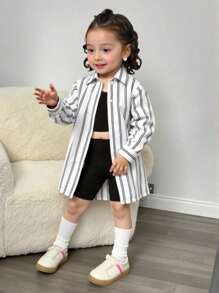 SHEIN Playful Pals 女嬰3件套休閒黑白條紋長袖外套背心短褲夏季度假柔軟套裝，適合上學與日常穿著 - 黑色 - 查看 1