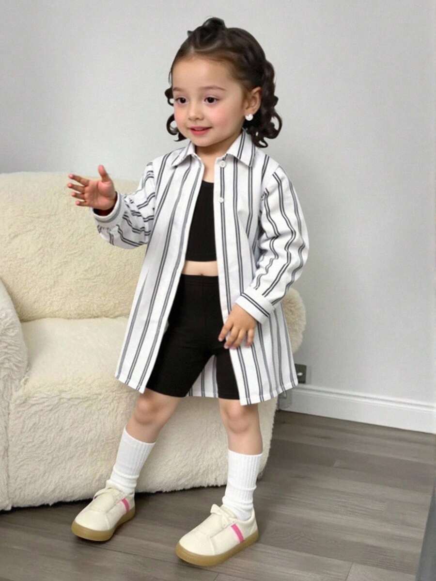 SHEIN Playful Pals 女嬰3件套休閒黑白條紋長袖外套背心短褲夏季度假柔軟套裝，適合上學與日常穿著 - 黑色 - 查看 1