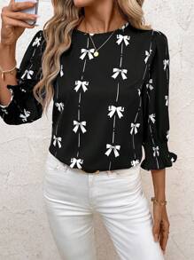 SHEIN Clasi 蝴蝶结印花圆领修身中线女式衬衫，夏季春季教师衬衫，适合女教师度假乡村夏装 - 黑色 - 查看 4