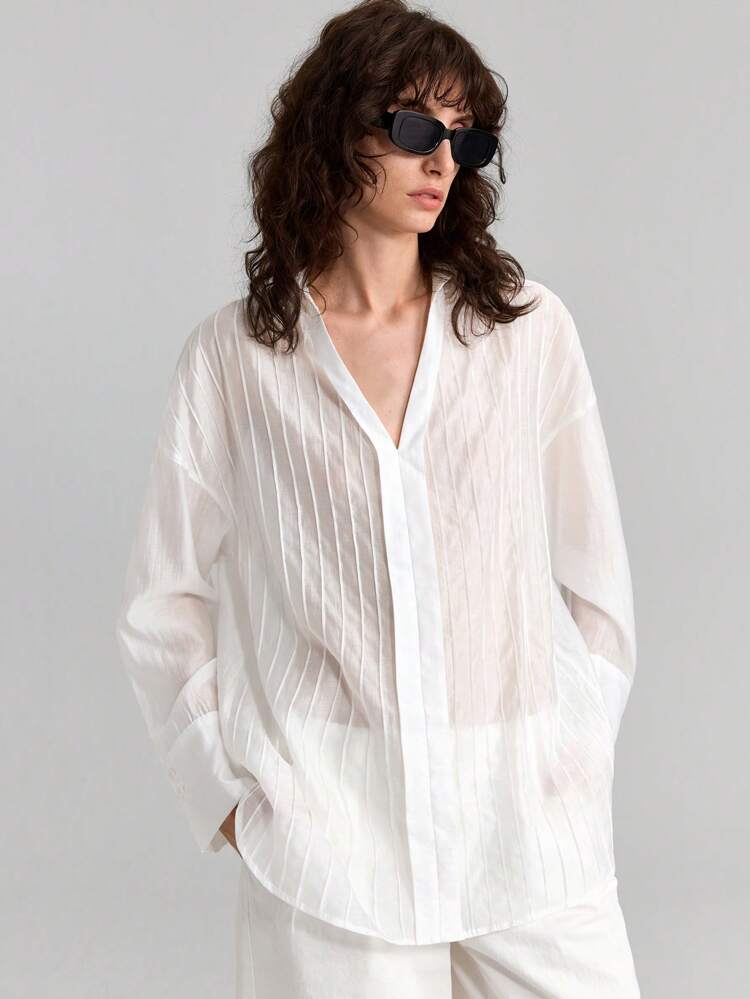 Women's Loose Fit White Toothpick Striped Sheer Drop Shoulder Long Sleeve Blouse, Summer