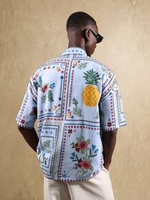 SUMWON Camisa hawaiana de manga corta con botones, de uso casual para vacaciones, playa y verano, con patrón de punto de cruz floral y piña