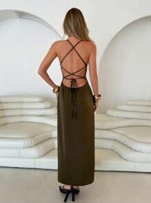 Roylia French Chic Solid Color Elegant Slip Dress - Dark Green - View 2