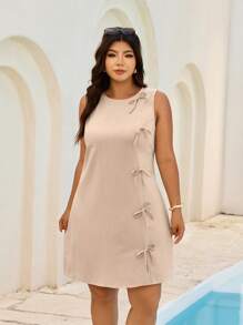 Elaquor Plus Size Casual Vacation Bow Decor Sleeveless Round Neck Dress,Business Casual Woman