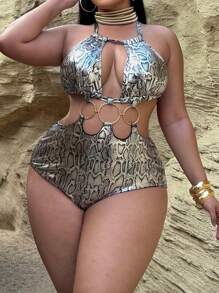Swim SXY Plus Size Full Print Hoop Decor Hollow Sexy Halter One-Piece Swimsuit For Summer Beach Vacation