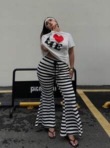 POPSWAY New Retro American Style Vacation Striped Relaxed High Waist Slimming Flare Pants, Casual & Versatile Wide Leg Trousers For Women Fall Cloth For Women