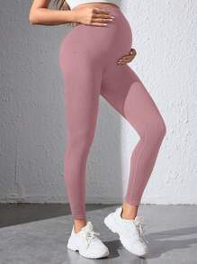 SHEIN Black Seamless Maternity Leggings, Fashionable For Summer - Dusty Pink - View 5