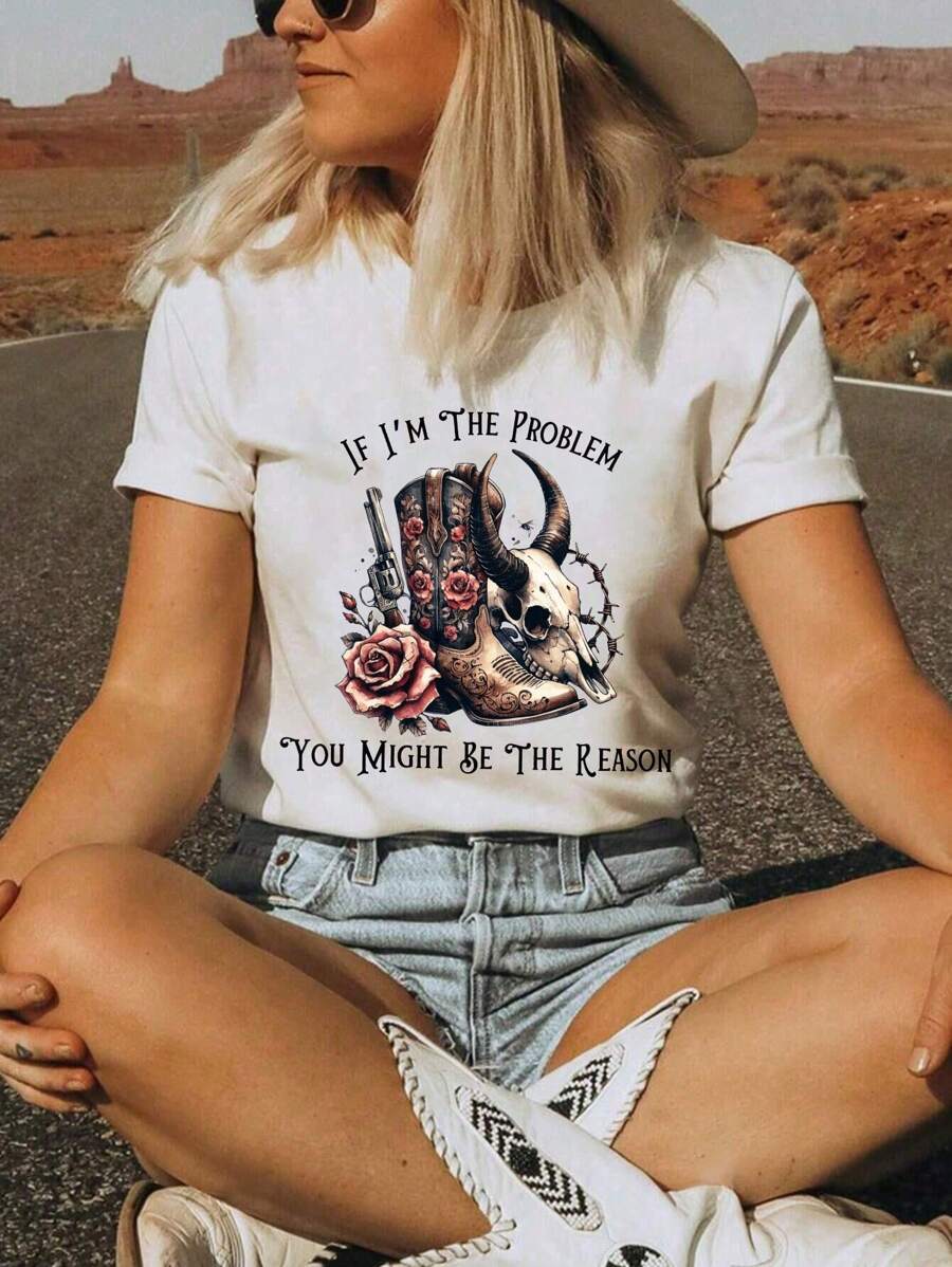 EMERY ROSE Western Inspired Theme With The Head Of Death And Roses, Slogan Pattern Round Neck Short Sleeved T-Shirt - White - View 1