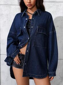 EMERY ROSE Women's Plain & Simple Casual Long Sleeve Denim Jacket - Blue - View 4