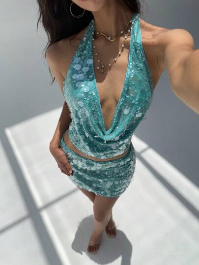 Aloruh Women's Spring/Summer Party Graduation New Fashion Beaded Cowl Neck Sleeveless Backless Sexy Music Festival Crop Tank Top Cute Summer Tops