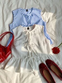 Comfortcana 2 件女式夏季格子衬衫和白色衬衫，节日套装 - 藍白色 - 查看 3