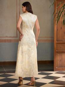 ZEYLAH Elegant Round Neck Pleated Jacquard Long Dress - Beige - View 3