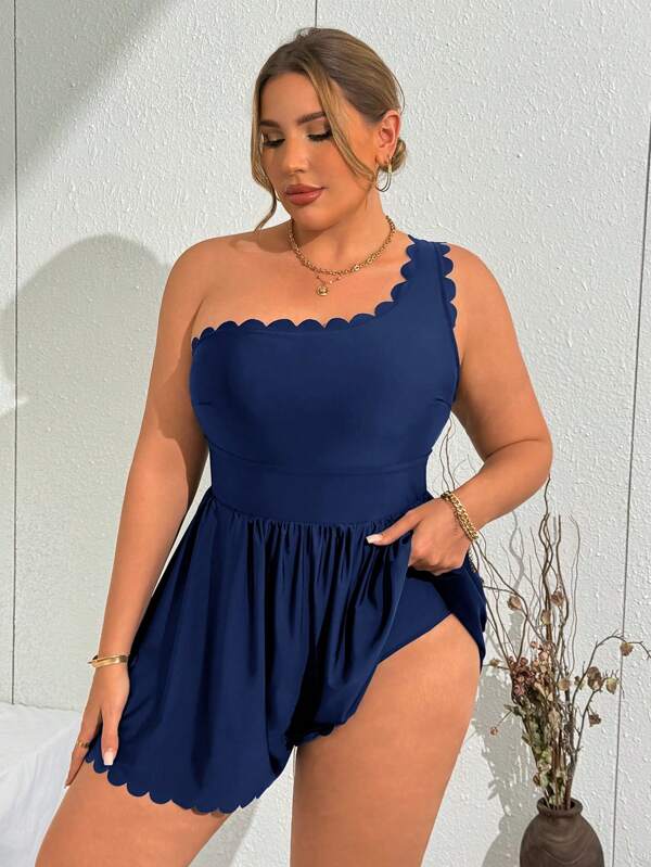 Swim Lushoire Traje de baño de una pieza con escote de halter y shorts en unicolor para mujer talla grande