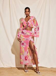 Becci Pink Floral Printed Transparent Chiffon Ruffled Tie-Up Crop Top Women Summer Vacation Top