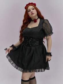 ROMWE Gothic Jacquard Graduation Prom Dress, Vine Pattern Jacquard A-Line Plus Size - Black - View 6