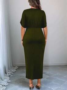 SHEIN Clasi Plus Size Women Cross Collar Fitted Waist Bodycon Knit Dress With 3D Floral Detail, Elegant Spring & Summer