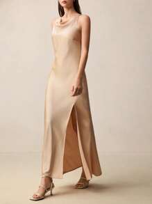 BizChic Rochie de vară elegantă și versatilă pentru femei 2025, fără mâneci, potrivită pentru afaceri, casual, vacanță la plajă, invitată la nuntă, festival de muzică country, brunch, ținută de aeroport - stil Stockholm, independență americană, rochie lungă din satin - Șampanie - Vizualizare 5