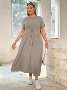SHEIN Essnce Vestido de manga corta largo con tiras en la cintura y bolsillos, de unicolor de moda casual de verano para mujer de talla grande