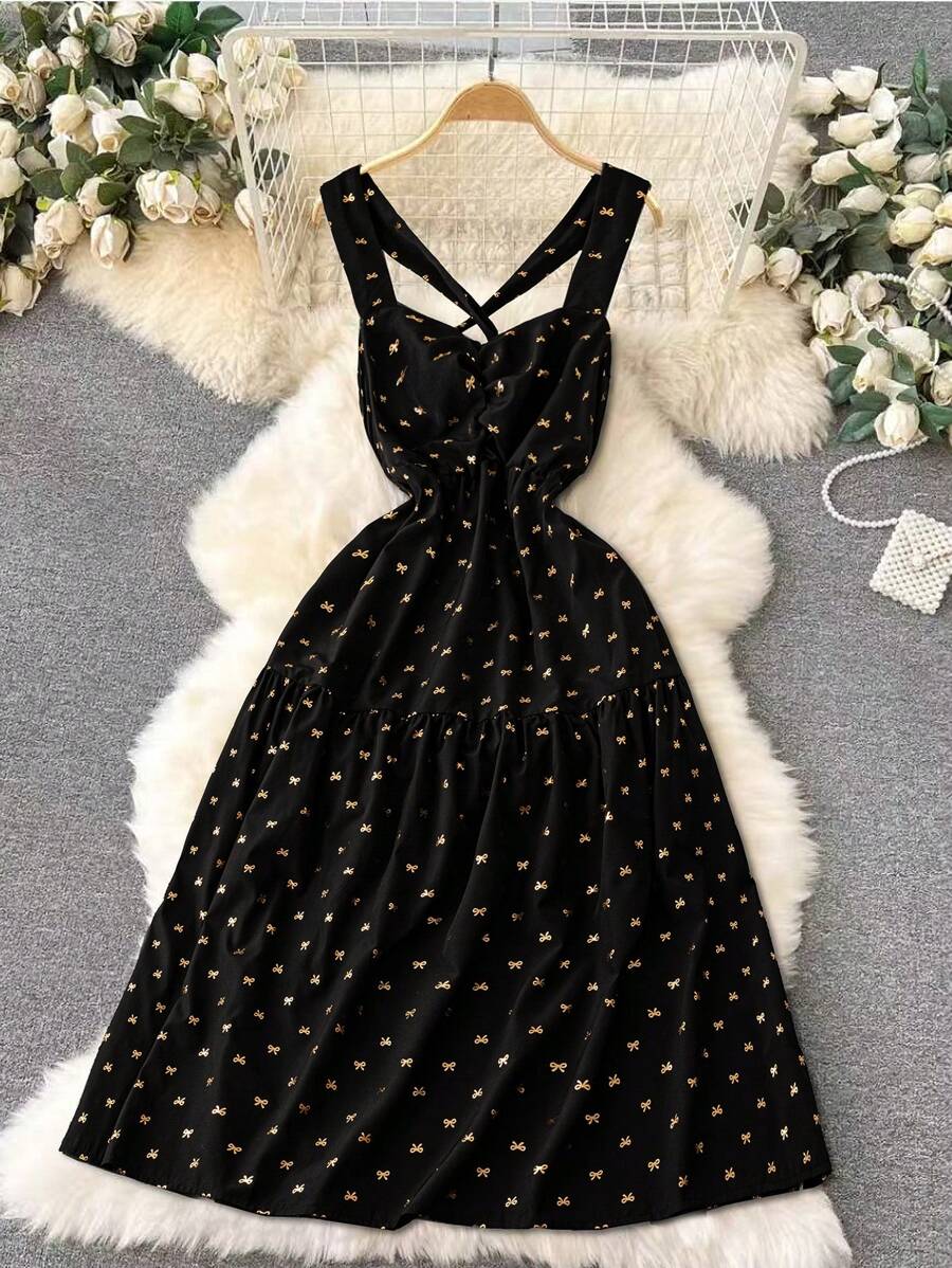 DreamSkyne Plus Size Bowknot Crisscross Back Cami Dress - Black - View 1