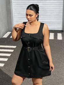 SHEIN EZwear 大码女式夏季纯色系带无袖连衣裙，配有假口袋 - 彩色 - 查看 3