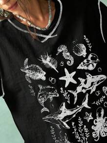 Bohemela T-shirt femme à manches courtes, col ras du cou, ample, imprimé océan, style vacances d'été