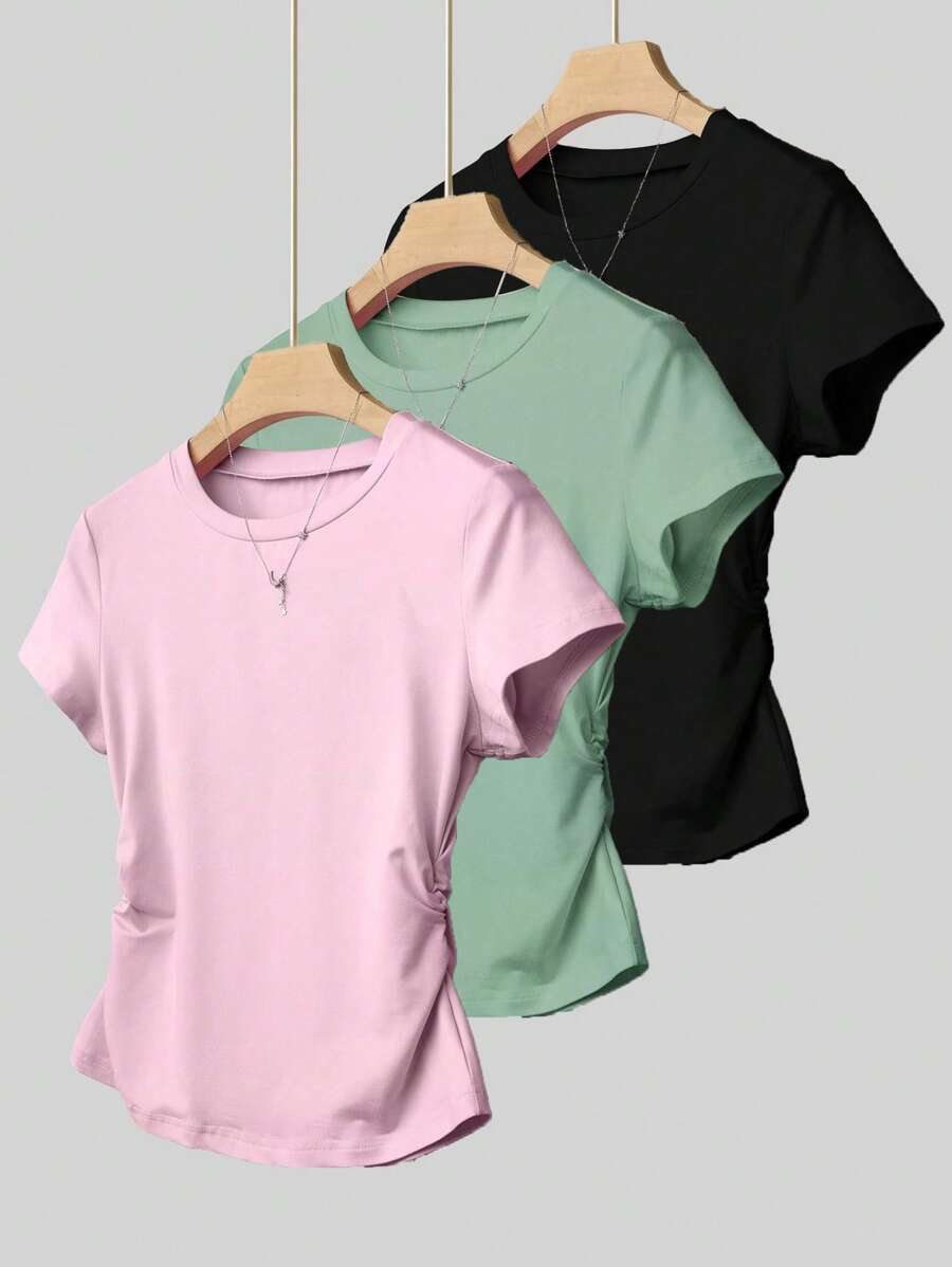 INAWLY 3pcs/Set Women's Simple Versatile Waist Fitted T-Shirts, Summer - Multicolor - View 1