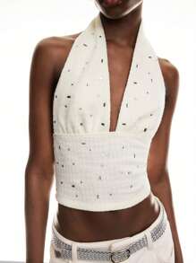 LYSMO Top halter de punto con strass para mujer - Nuevo lanzamiento primavera/verano 2025