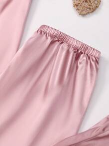 LuxeNights Conjunto de 3 piezas de pijama de seda sintética de unicolor con ribete de contraste y cuello de solapa, para vacaciones