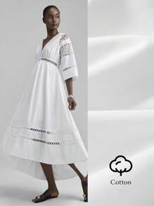 Ontre Vestido casual de vacaciones con unicolor, parche de encaje en la parte delantera y parte trasera larga - Blanco - Ver 4