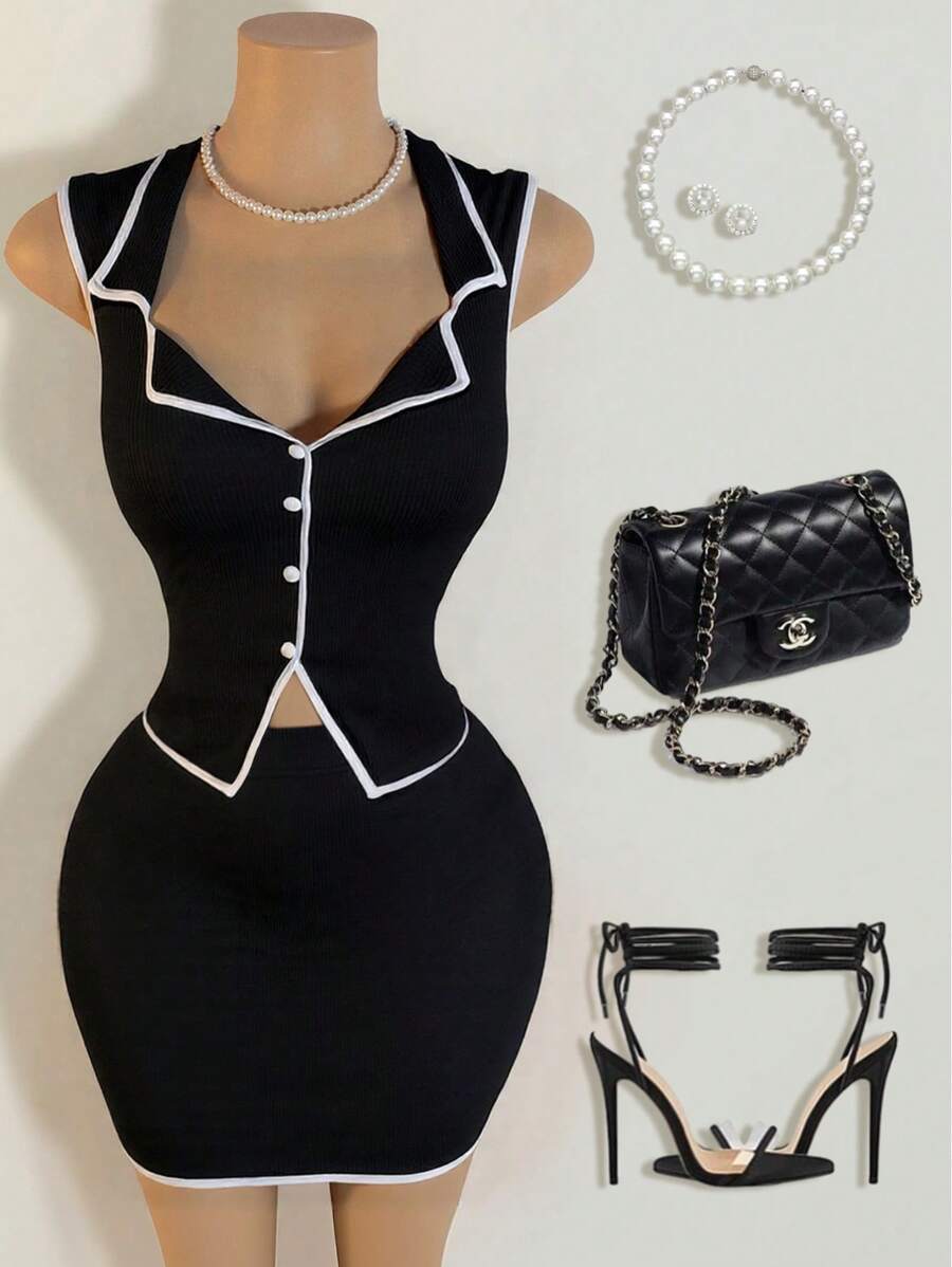 BamGleam Women Lapel Neck Trim Single-Breasted Sleeveless Top & Bodycon Mini Skirt Fashion Suit - Black - View 1