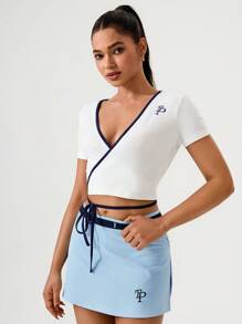 Hanevo Women's Summer Casual Sporty Surplice Deep V-Neck Contrast Binding Wrap Tie Front Crop Top Sportwear For Daily Wear - Multicolor - View 3