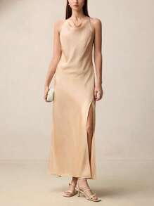 BizChic Rochie de vară elegantă și versatilă pentru femei 2025, fără mâneci, potrivită pentru afaceri, casual, vacanță la plajă, invitată la nuntă, festival de muzică country, brunch, ținută de aeroport - stil Stockholm, independență americană, rochie lungă din satin - Șampanie - Vizualizare 1