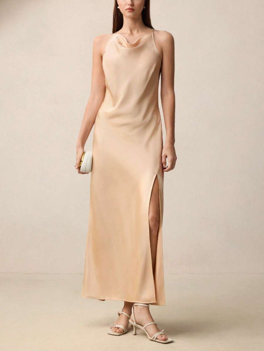 BizChic Rochie de vară elegantă și versatilă pentru femei 2025, fără mâneci, potrivită pentru afaceri, casual, vacanță la plajă, invitată la nuntă, festival de muzică country, brunch, ținută de aeroport - stil Stockholm, independență americană, rochie lungă din satin - Șampanie - Vizualizare 1