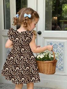 SHEIN Happikins Cute Leopard Pattern, Baby Girl Sweet Bowknot Fashionable Cap Sleeve Backless Dress, Suitable For Spring And Summer - Multicolor - View 2