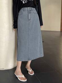 DAZY 女士休闲水洗素色开衩牛仔A字裙 - 淺色水洗藍 - 查看 5