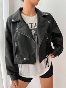 SHEIN EZwear Zip Pocket Flap Detail PU Biker Jacket - Black - View 1