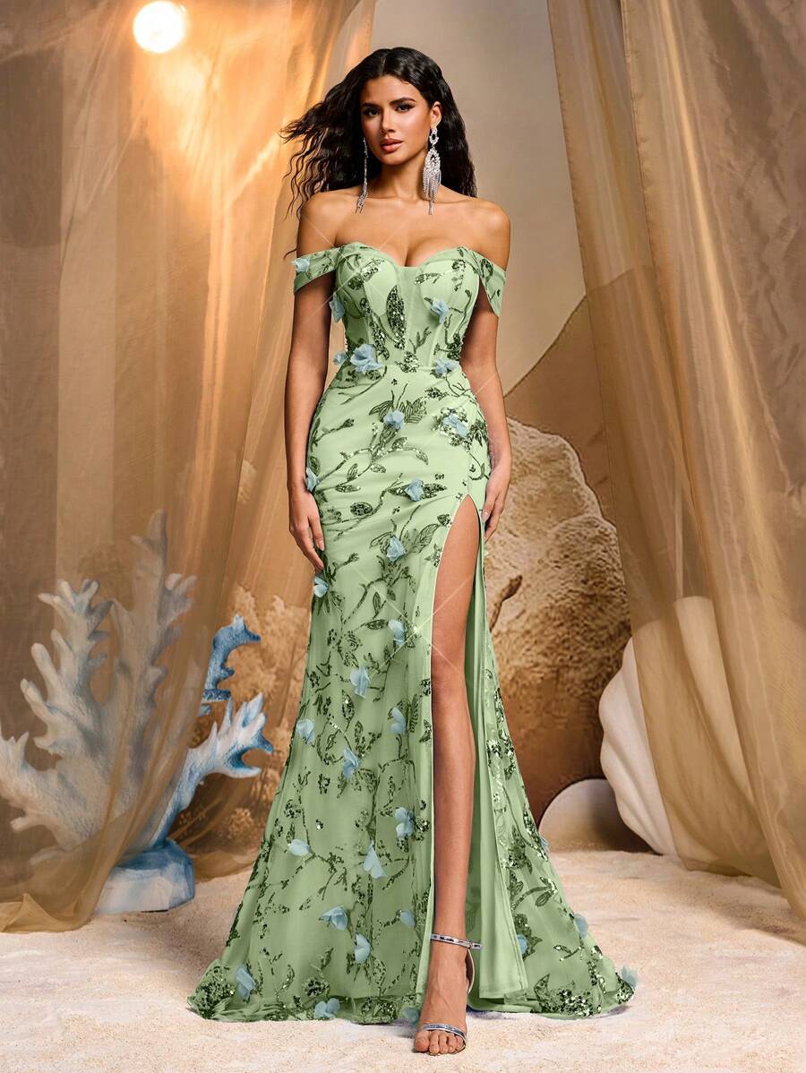 Glamrae 优雅奢华亮片 3D 花卉露肩 V 领网眼透视侧高开叉鱼尾拖尾可调节系带长款晚礼服，正式，派对礼服，适合婚礼宾客 - 薄荷綠 - 查看 1