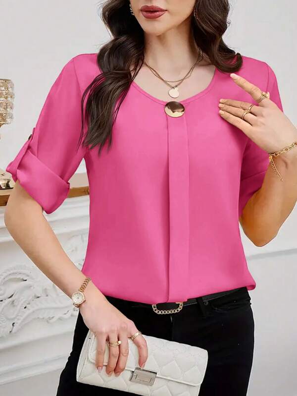 SHEIN Clasi Women's Casual Round Neck Button Roll-Up Sleeve Half Sleeve Blouse