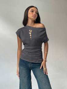 Aloruh Women's Asymmetric Collar Solid Color Batwing Sleeve Fashion Shirt, Summer - Dark Grey - View 6
