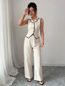 Chiquease 2pcs/Set Women Casual Contrast Color Splice Shirt And Long Pants, Simple Commuter Style, Spring/Summer - Apricot - View 3