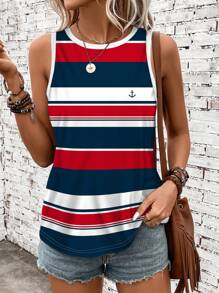 SHEIN LUNE Woman Plus Size Casual Striped Print Camisole & Tank Top, Red Blue White Color Block Navy Style, Suitable For Summer Woman S Summer Clothes Back To School - Multicolor - View 4