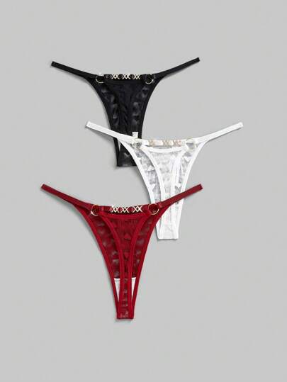 ROMWE Avant 3 Packs European & American Style Comfortable Lace Thong Panties With Round Buckle