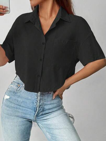 SHEIN PETITE Petite Short Sleeve Vintage Professional Niche Design Slimming Casual Holiday Blouse For Women, Spring/Summer