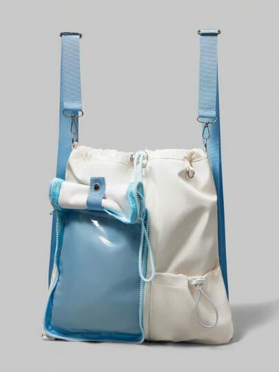 Anime Cute Sweet Bow Decor Blue & White Fashion Backpack For Women, Adjustable Strap And Large Capacity Casual Drawstring Backpack, Suitable For 20cm Doll Walking Pouch