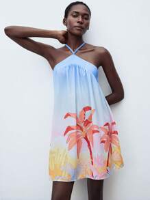 Maija Women's Blue Summer Halter Tie Sleeveless Dress, Sexy Minimalist Comfortable Positioning Plant Print Pattern, Suitable For Beach Holiday, Summer Beach Essential