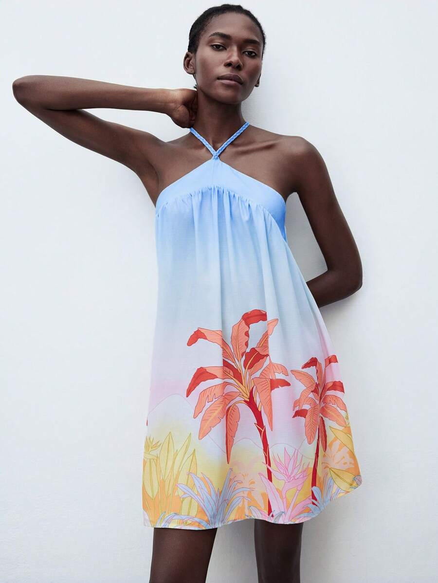 Maija Women's Blue Summer Halter Tie Sleeveless Dress, Sexy Minimalist Comfortable Positioning Plant Print Pattern, Suitable For Beach Holiday, Summer Beach Essential