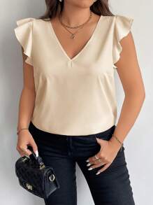 Firerie Plus Size Elegant Commuting Women's V-Neck Flutter Sleeve Red Festive Simple Summer Shirt, Teacher Summer Shirt - Apricot - View 1