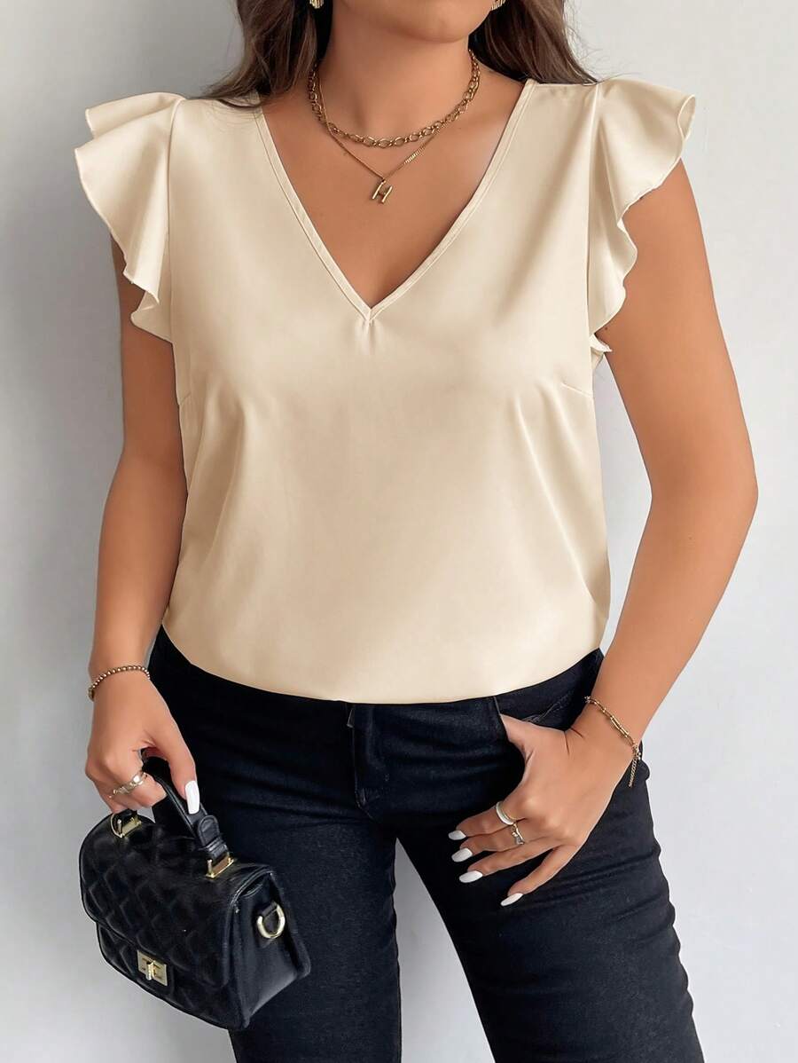 Firerie Plus Size Elegant Commuting Women's V-Neck Flutter Sleeve Red Festive Simple Summer Shirt, Teacher Summer Shirt - Apricot - View 1