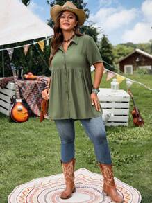 EMERY ROSE Camisa de lino de manga corta con botones, de corte casual y apropiada para vacaciones, con cuello, diseño corto en la parte delantera y largo en la parte trasera, adecuada para primavera/verano, festivales de música country, estilo bohemio, vacaciones, camisas de verano para mujer de talla grande, blusas para salir de talla grande - Verde militar - Ver 3