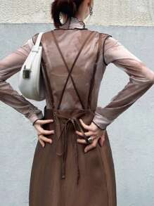 FRIFUL Falda larga casual y versátil de color café sólido con tirantes y dobladillo acampanado para mujer de talla grande, ropa de resort, ropa de otoño, ropa de vuelta al colegio - Café integral - Ver 6