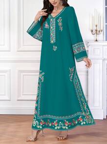 SHEIN Najma 复古优雅花卉复古印花休闲V领长袖女式长裙 - 彩色 - 查看 3